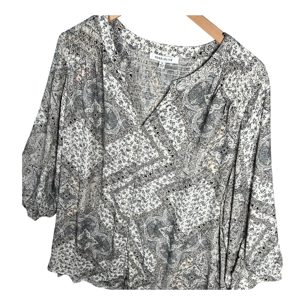 Rose + Olive Top Womens‎ 1X Blouse 3/4 Sleeve Peasant Boho Paisley Career
